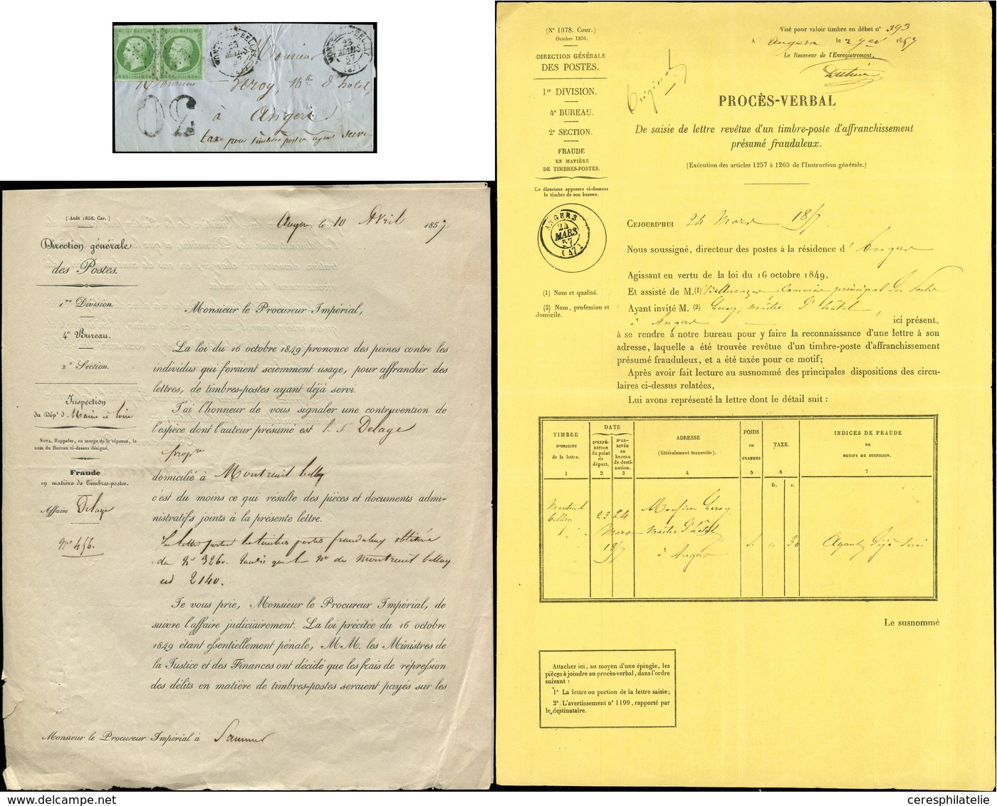 Let EMPIRE NON DENTELE - 12    5c. Vert, PAIRE Obl. PC 1857 S. LSC, Càd T15 MONTREUIL BELLAY 23/3/57, Taxe 30 Et Mention - 1853-1860 Napoléon III.