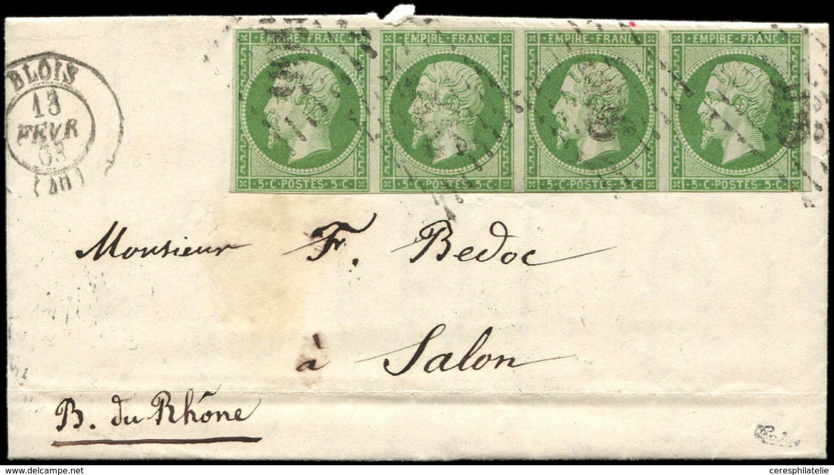 Let EMPIRE NON DENTELE - 12    5c. Vert, BANDE De 4 (2 Ex. Effl.) Obl. GC 506 S. LAC, Càd T15 BLOIS 13/2/63. C - 1853-1860 Napoléon III.