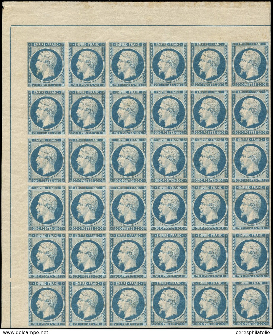 ** EMPIRE NON DENTELE - 14A  20c. Bleu Laiteux T I, BLOC De 36 Avec FILET D'ENCADREMENT Intégral, Inf. Imperfections Au  - 1853-1860 Napoléon III