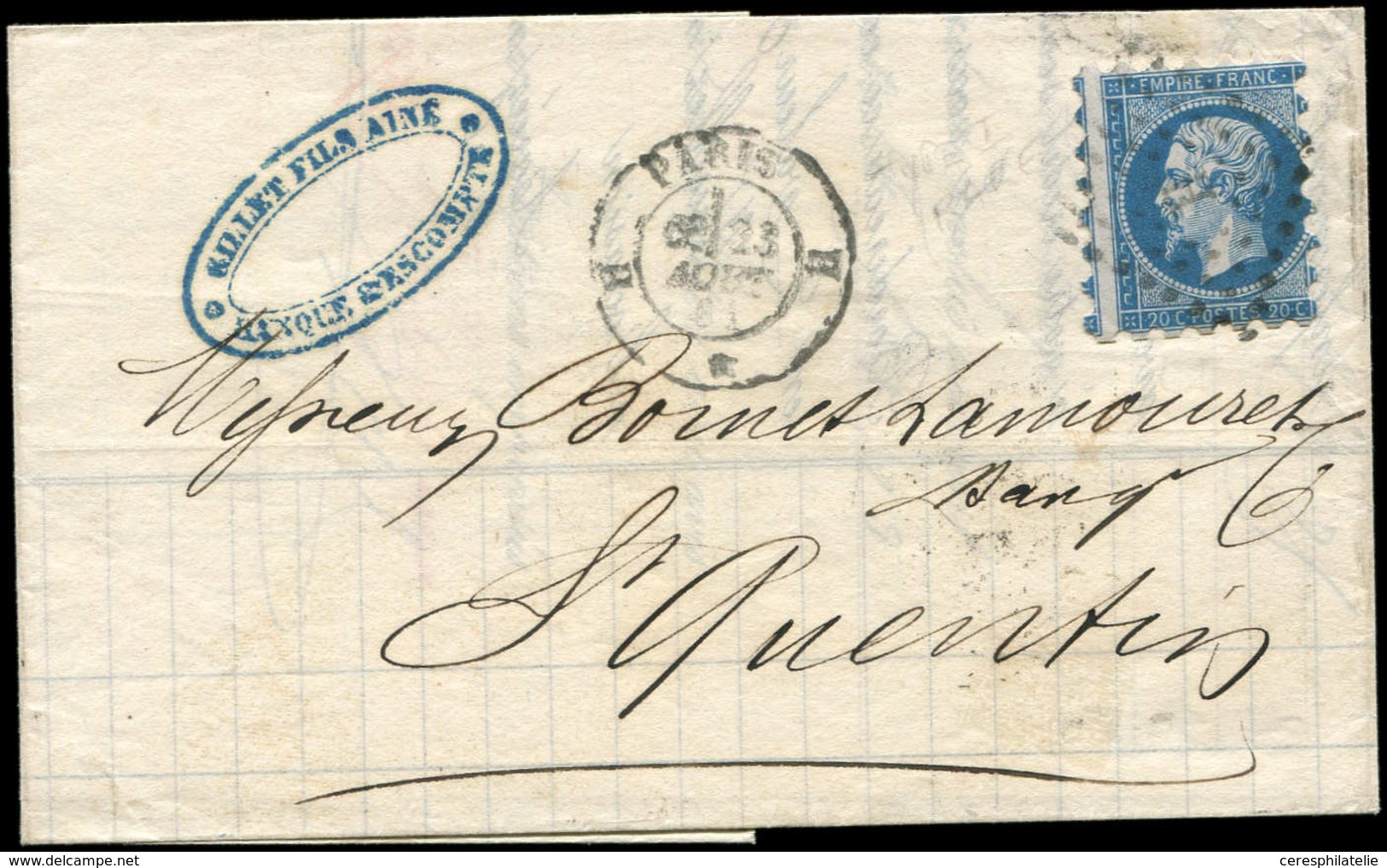 Let EMPIRE NON DENTELE - 14A  20c. Bleu, T I, PIQUAGE SUSSE, Obl. Los. H S. LAC, Càd H PARIS H 23/8/61, TB, Cote Maury - 1853-1860 Napoléon III.