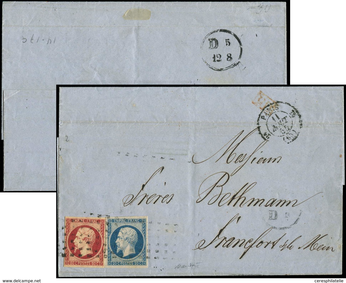 Let EMPIRE NON DENTELE - 14A Et 17A Obl. GROS POINTS S. LSC, Càd Paris 11/8/55, Pour FRANCFORT D5/12 8, TTB - 1853-1860 Napoleone III