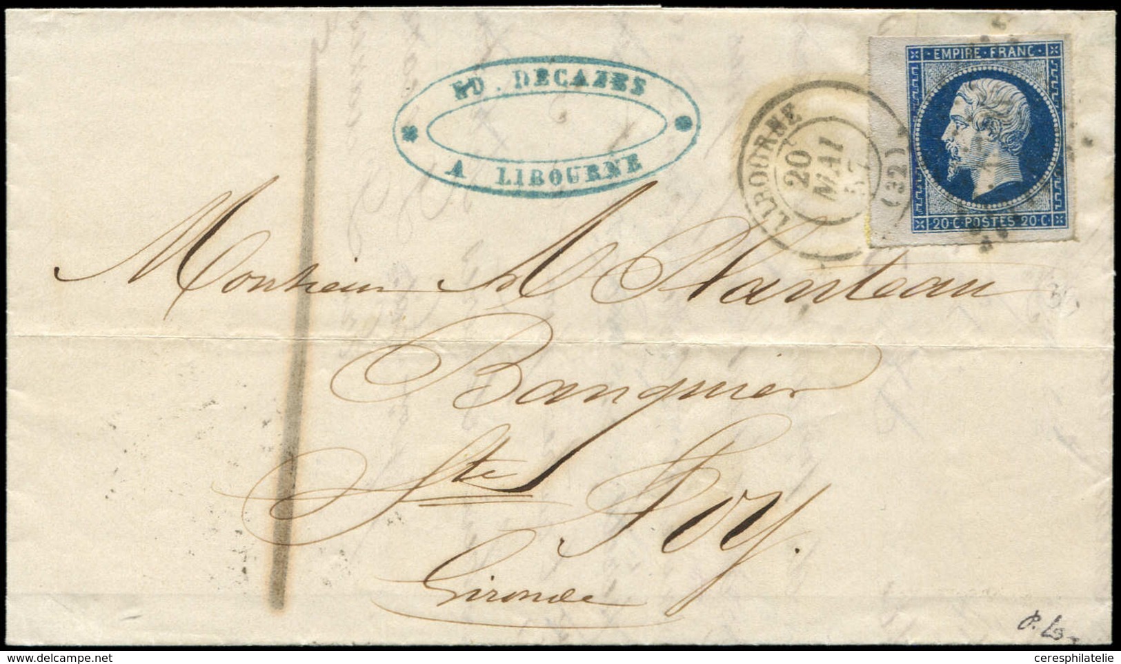 Let EMPIRE NON DENTELE - 14Aa 20c. Bleu Foncé, BORD De FEUILLE, Obl. PC 1714 S. LAC, Càd T15 LIBOURNE 20/5/57, TTB - 1853-1860 Napoleone III