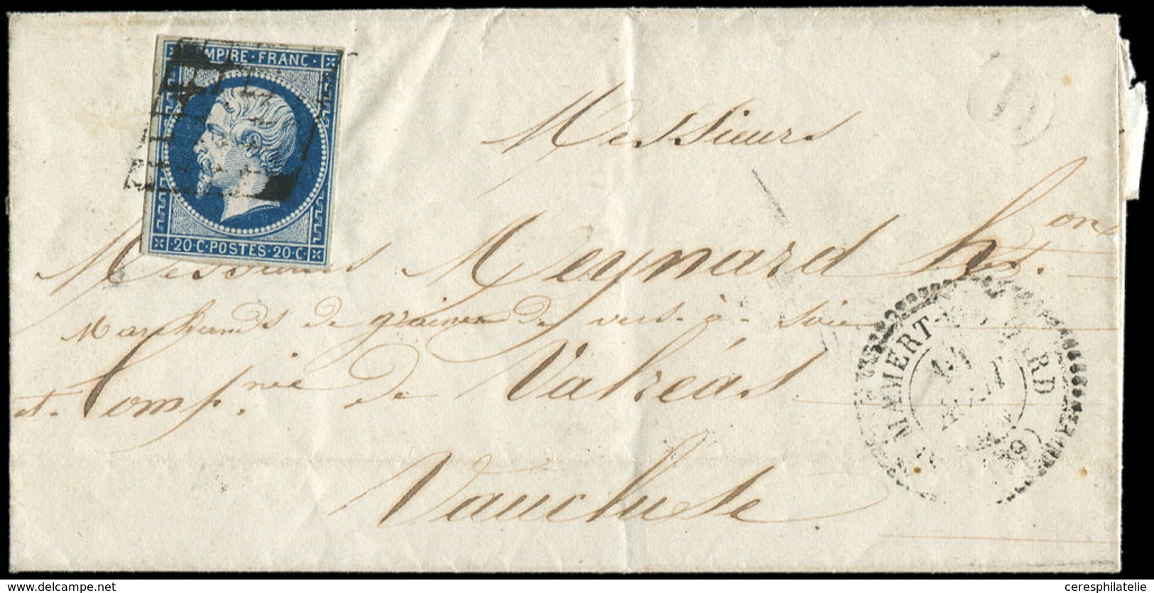 Let EMPIRE NON DENTELE - 14Aa 20c. Bleu Foncé, T I, Obl. GRILLE S. LSC, Càd T22 St MAMERT-DU-GARD 14/8/55, R Et TB, Cote - 1853-1860 Napoléon III.