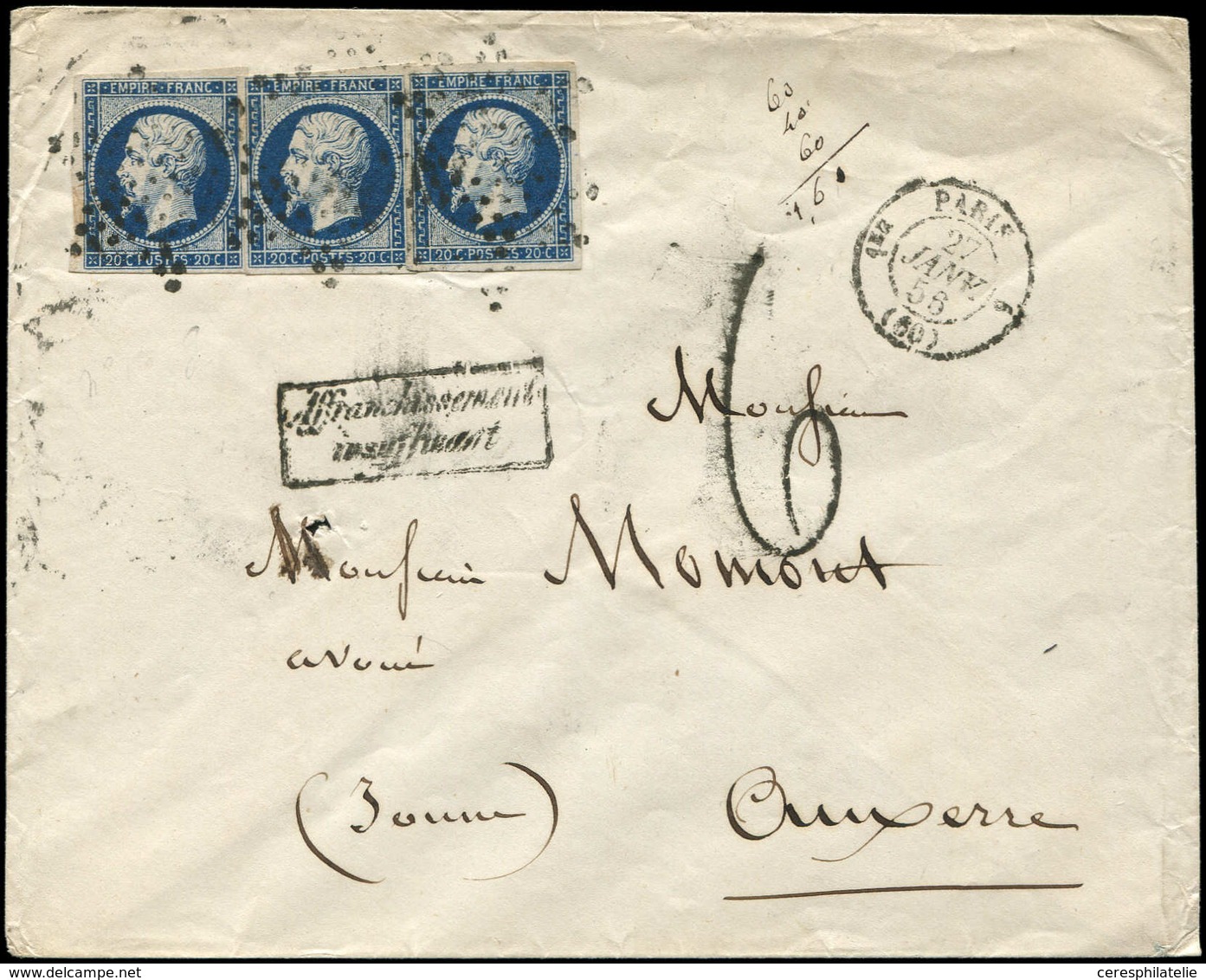 Let EMPIRE NON DENTELE - 14Ab 20c. Bleu-NOIR (3) Obl. ETOILE S. Env., Càd 1er PARIS 5 27/1/56, "affrt Insuff." Et Taxe 6 - 1853-1860 Napoléon III.