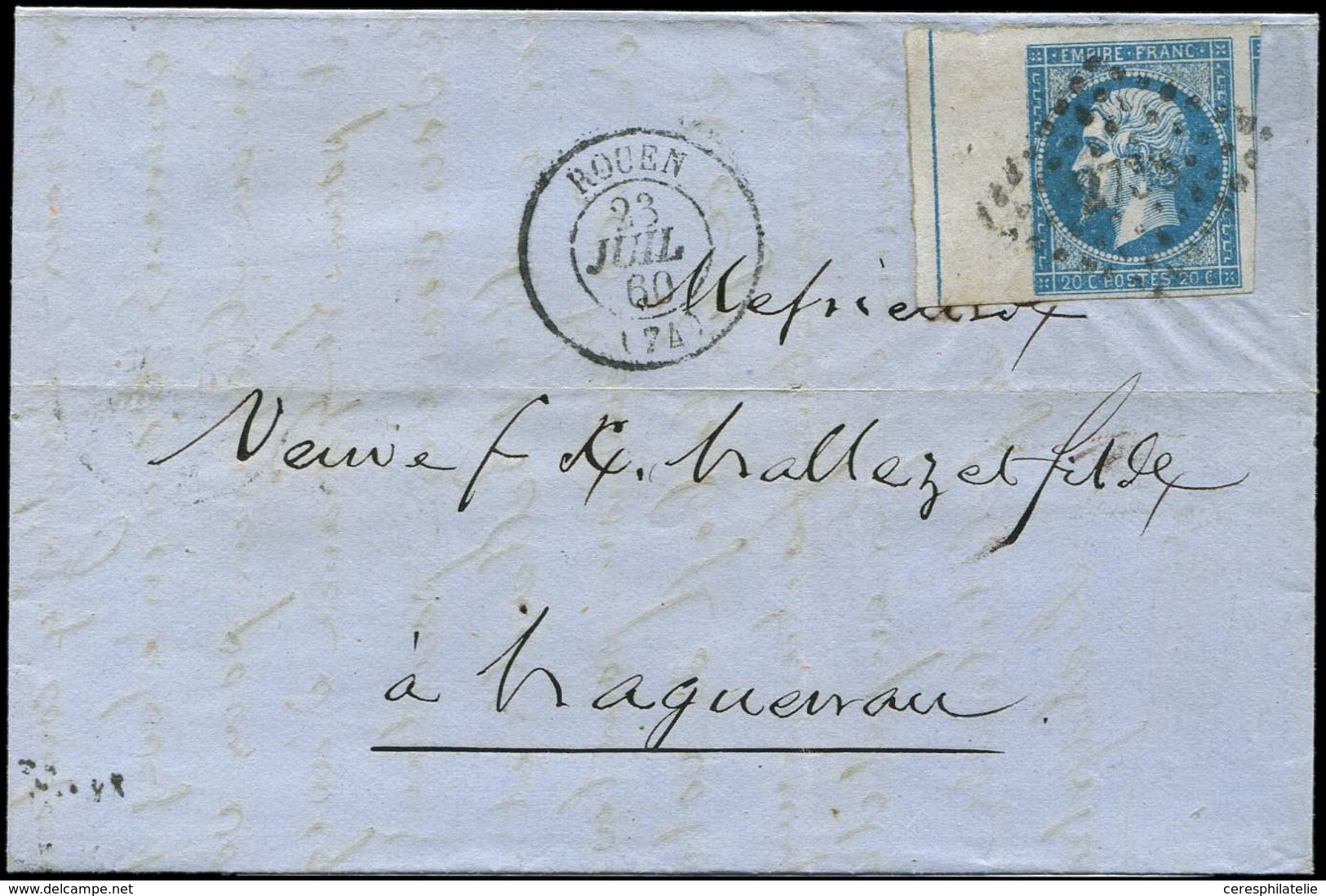 Let EMPIRE NON DENTELE - L14Ai 20c. Bleu, T I, FILET D'ENCADREMENT, Obl. PC 2738 S. LAC, Càd T15 ROUEN 23/7/60, TB - 1853-1860 Napoleon III