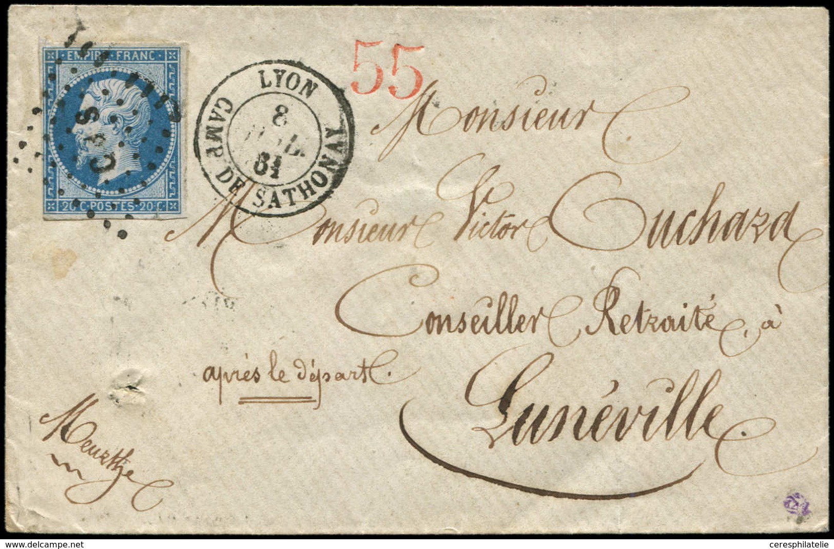 Let EMPIRE NON DENTELE - 14B  20c. Bleu, T II, Obl. Los. CdS S. Env., Càd LYON CAMP DE SATHONAY 8/7/61, TTB - 1853-1860 Napoleon III