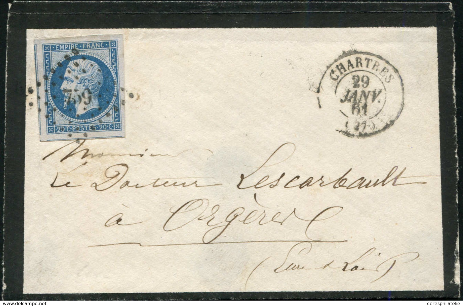 Let EMPIRE NON DENTELE - 14B  20c. Bleu, T II, Marges énormes, Obl. PC 759 S. Env., Càd T15 CHARTRES 29/1/61, Superbe - 1853-1860 Napoléon III.