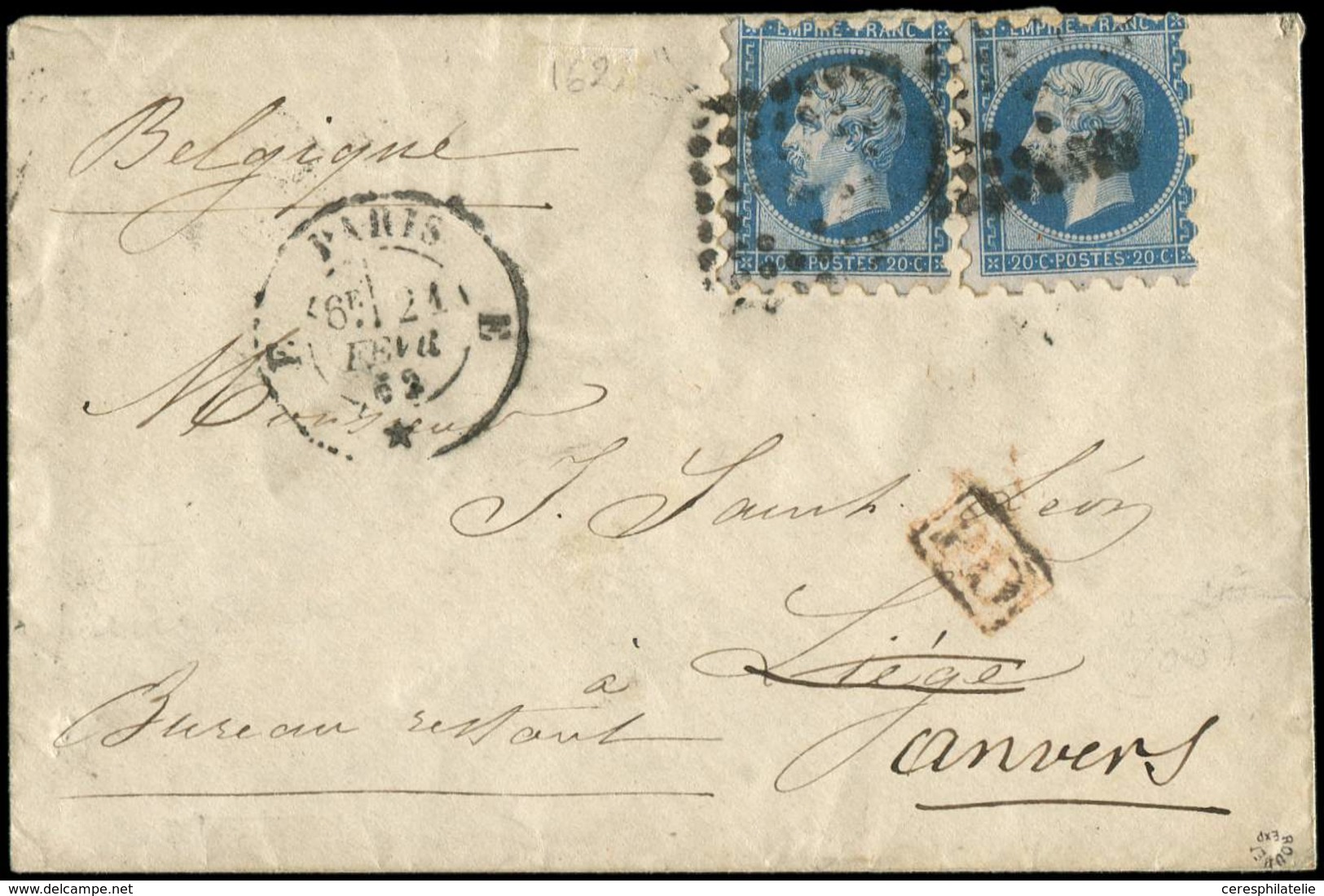 Let EMPIRE NON DENTELE - 14B  20c. Bleu, T II, 2 Ex. PIQUAGE SUSSE Obl. Los. E S. Env., Càd PARIS 21/2/62, Arr. ANVERS 2 - 1853-1860 Napoleone III