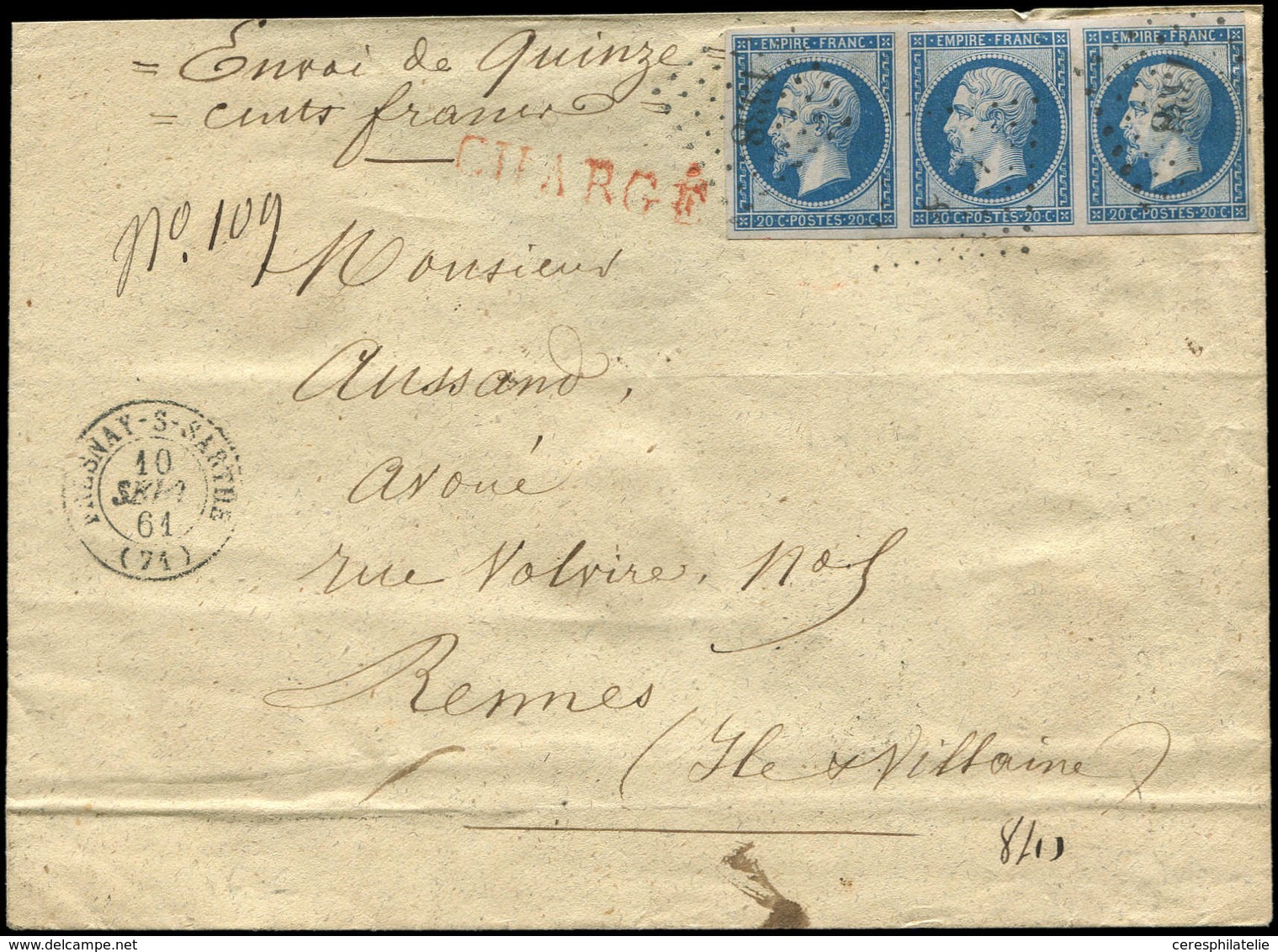 Let EMPIRE NON DENTELE - 14B  20c. Bleu, T II, BANDE De 3 Obl. PC 1338 S. Env. CHARGE, Càd T15 FRESNAY-S-SARTHE 10/9/61, - 1853-1860 Napoleone III