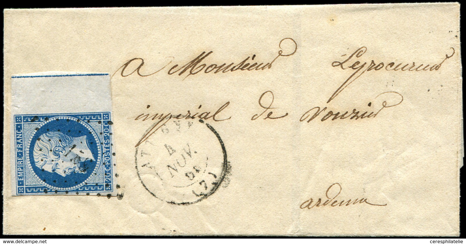 Let EMPIRE NON DENTELE - L14Ai 20c. Bleu, T I, Bdf FILET D'ENCADREMENT, Obl. PC 156 S. LSC, Càd T15 ATTIGNY 4/11/55, Au  - 1853-1860 Napoleon III