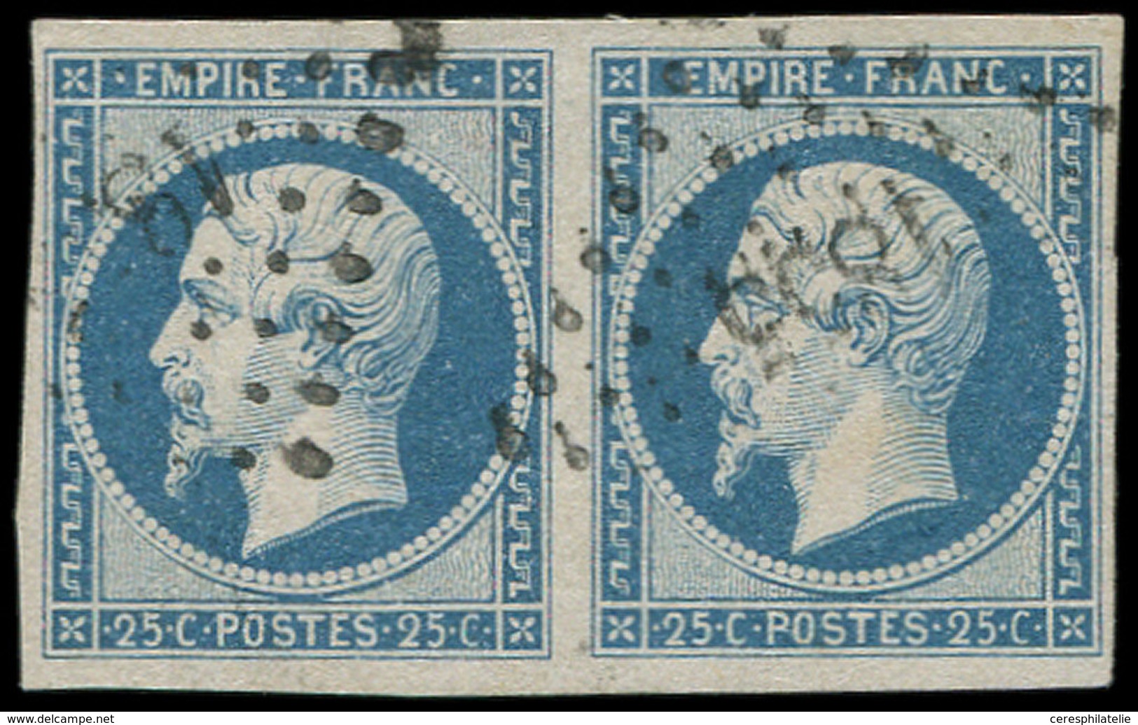 EMPIRE NON DENTELE - 15   25c. Bleu, PAIRE Obl. PC 1855, TB. C - 1853-1860 Napoleon III