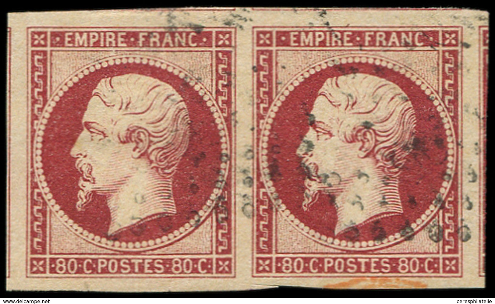 EMPIRE NON DENTELE - 17A  80c. Carmin, PAIRE Obl., Marges énormes Avec 4 Voisins, Superbe - 1853-1860 Napoléon III.