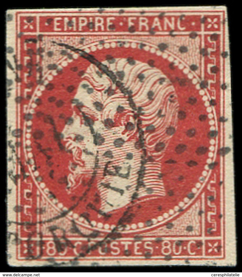 EMPIRE NON DENTELE - 17Ar 80c. VERMILLONNE FONCE, Obl. Roulette De Pointillés Et Càd (SMYR)NE ( )/5/57, Nuance Certifiée - 1853-1860 Napoleone III