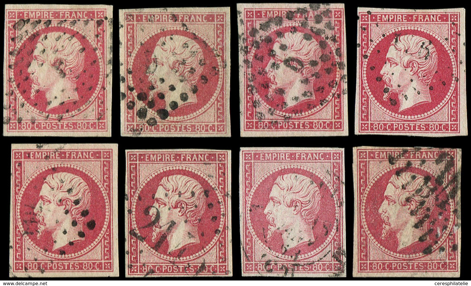 EMPIRE NON DENTELE - 17B  80c. Rose, 8 Ex., Nuances Et Oblitérations Diverses, TB - 1853-1860 Napoleon III