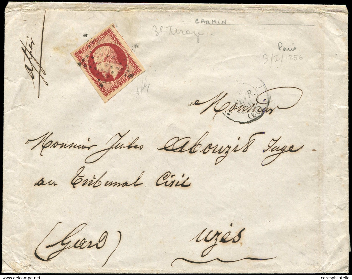 Let EMPIRE NON DENTELE - 17A  80c. Carmin, Belles Marges, Obl. ETOILE S. Env., Càd (9)/2/56, TB - 1853-1860 Napoleon III