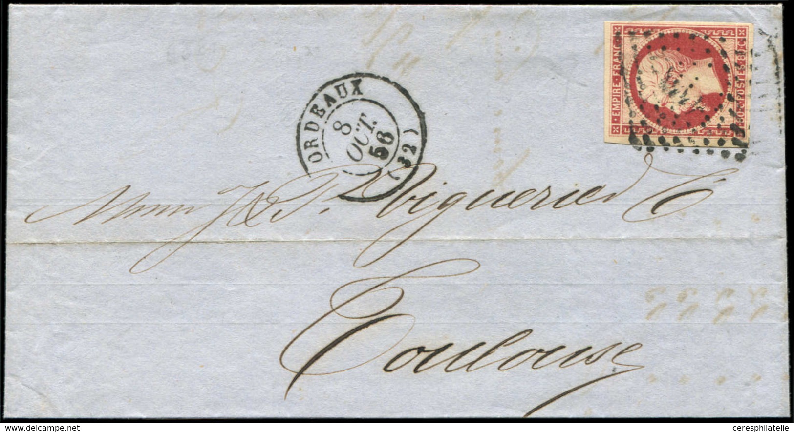 Let EMPIRE NON DENTELE - 17A  80c. Carmin Nuance Claire, Obl. PC 441 S. LAC, Càd T15 BORDEAUX 8/10/56, TTB - 1853-1860 Napoleon III