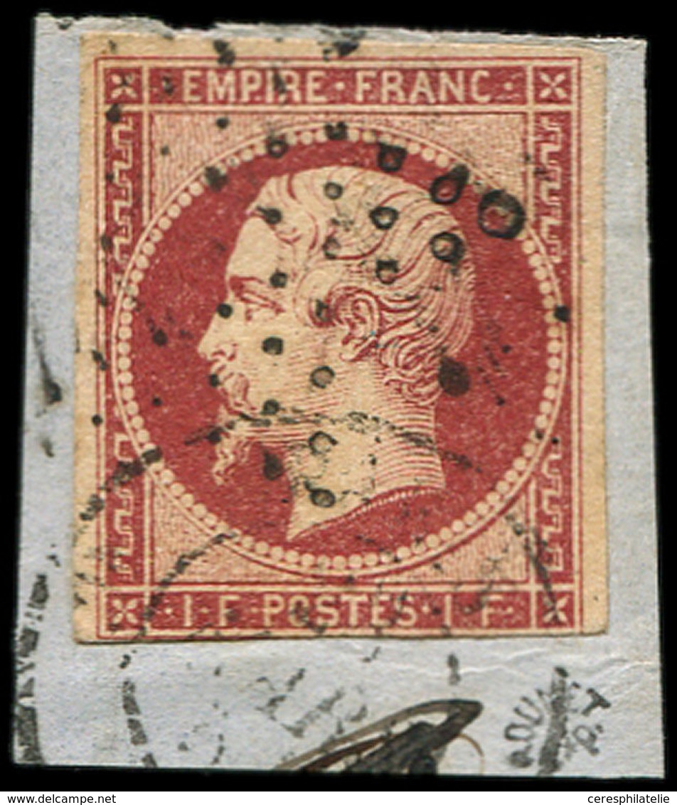 EMPIRE NON DENTELE - 18    1f. Carmin, Filet Inférieur Coupé, Obl. Etoile Sur Fragment, B/TB - 1853-1860 Napoléon III