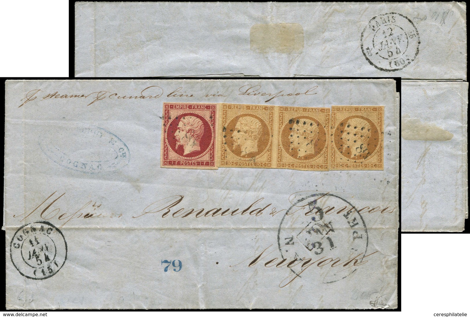 Let EMPIRE NON DENTELE - 18    1f. Carmin Et N°9 10c. Bistre PAIRE Et Unité, Tous Défx, Obl. PC 898 (frappe Légère) S. L - 1853-1860 Napoleon III