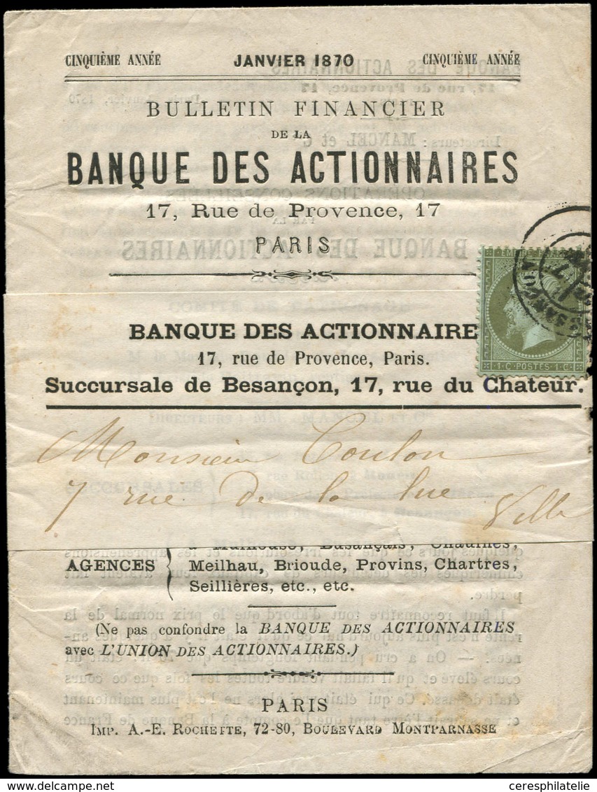 Let EMPIRE DENTELE - 19    1c. Olive, Obl. Càd T17 BESANCON S. Bulletin Financier Banque Des Actionnaires, Complet Sous  - 1862 Napoléon III.