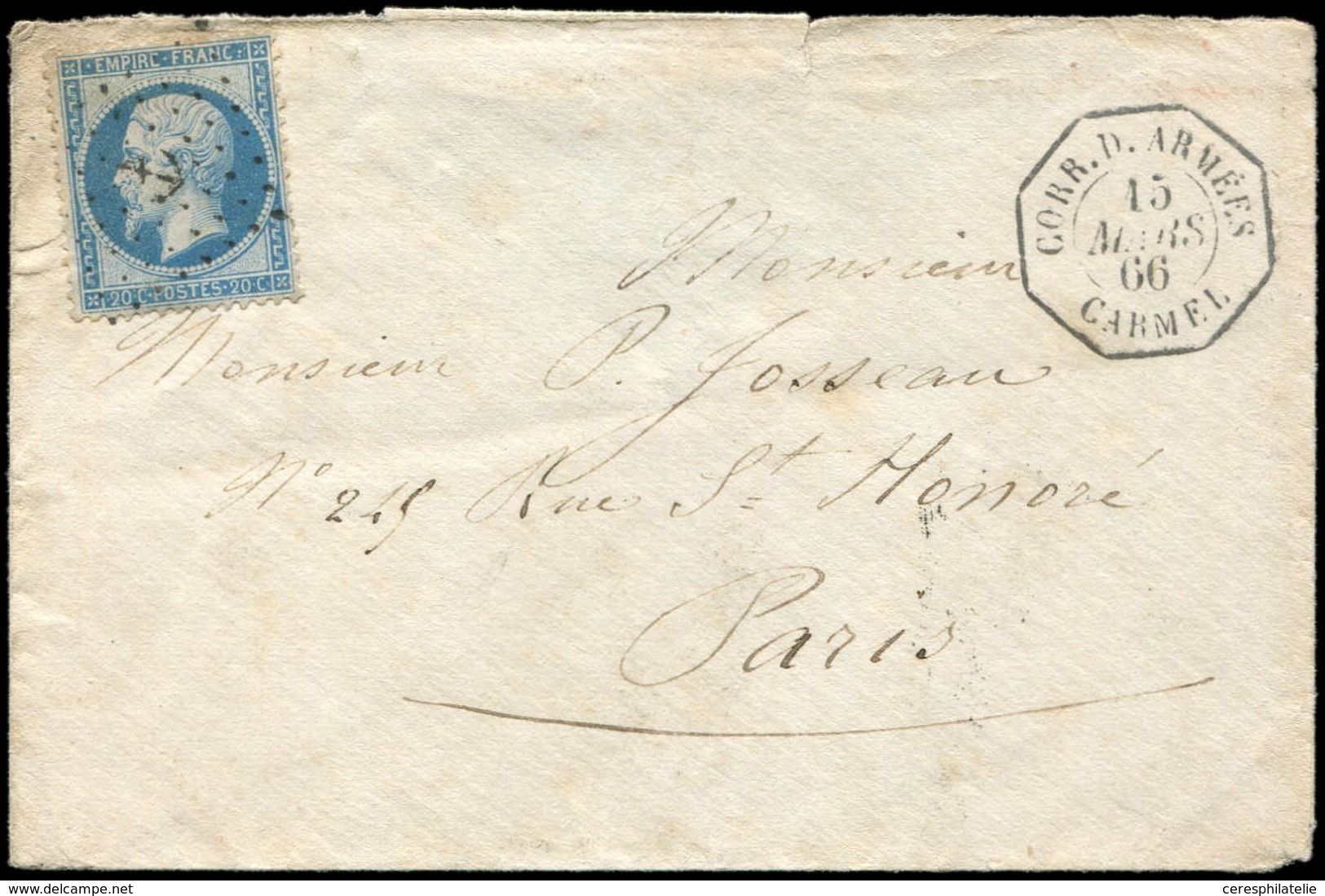 Let EMPIRE DENTELE - 22   20c. Bleu, Obl. ANCRE S. Env., Càd Octog. CORR. D. ARMEES CARMEL 15/3/66, RR Et TTB - 1862 Napoléon III