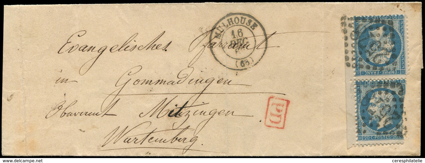 Let EMPIRE DENTELE - T22b 20c. Bleu, TETE-BECHE, Petit Bdf, Un Ex. Entamé, Obl. GC 2578 S. LSC, Càd T15 MULHOUSE 16/12/( - 1862 Napoléon III.