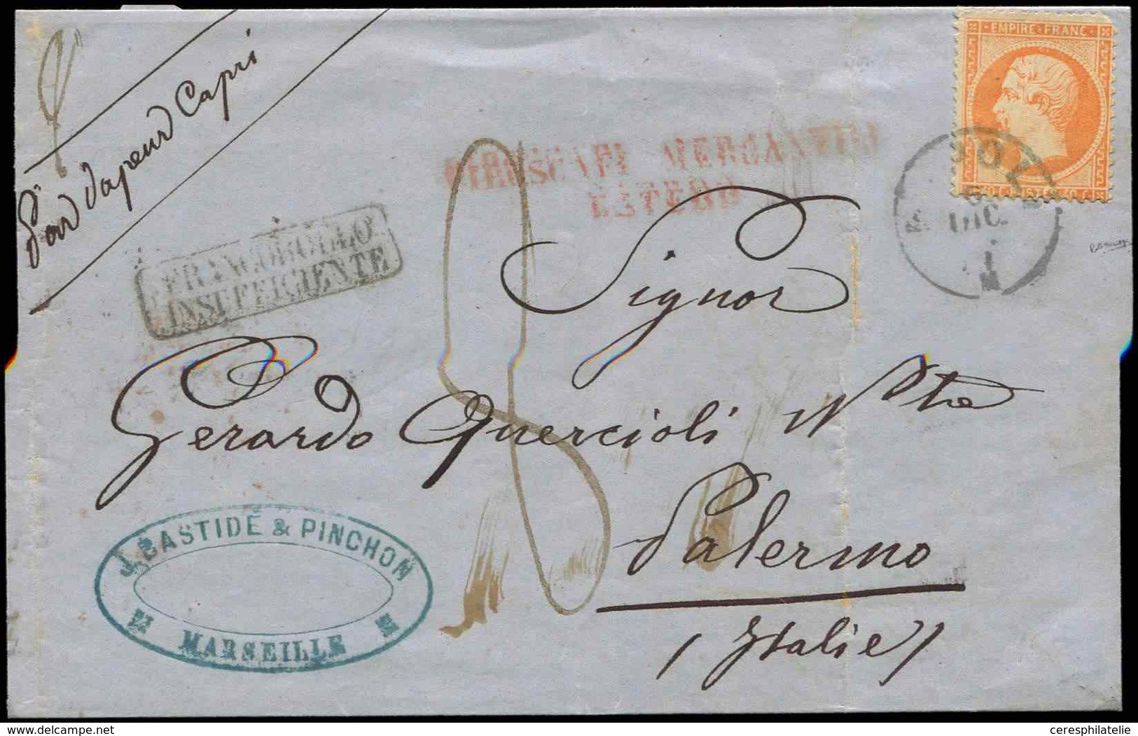 Let EMPIRE DENTELE - 23   40c. Orange, Obl. Càd NAPOLI 6/12/64 S. LSC De Marseille, "Francobollo Insufficiente" Et Taxe  - 1862 Napoleon III