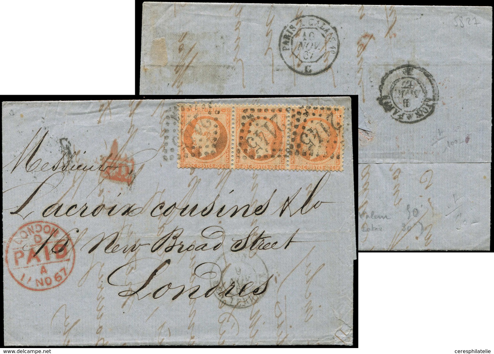 Let EMPIRE DENTELE - 23   40c. Orange, BANDE De 3 Obl. GC 2145 S. LAC, Càd LYON 9/11/67, Arr. LONDON, TB - 1862 Napoléon III