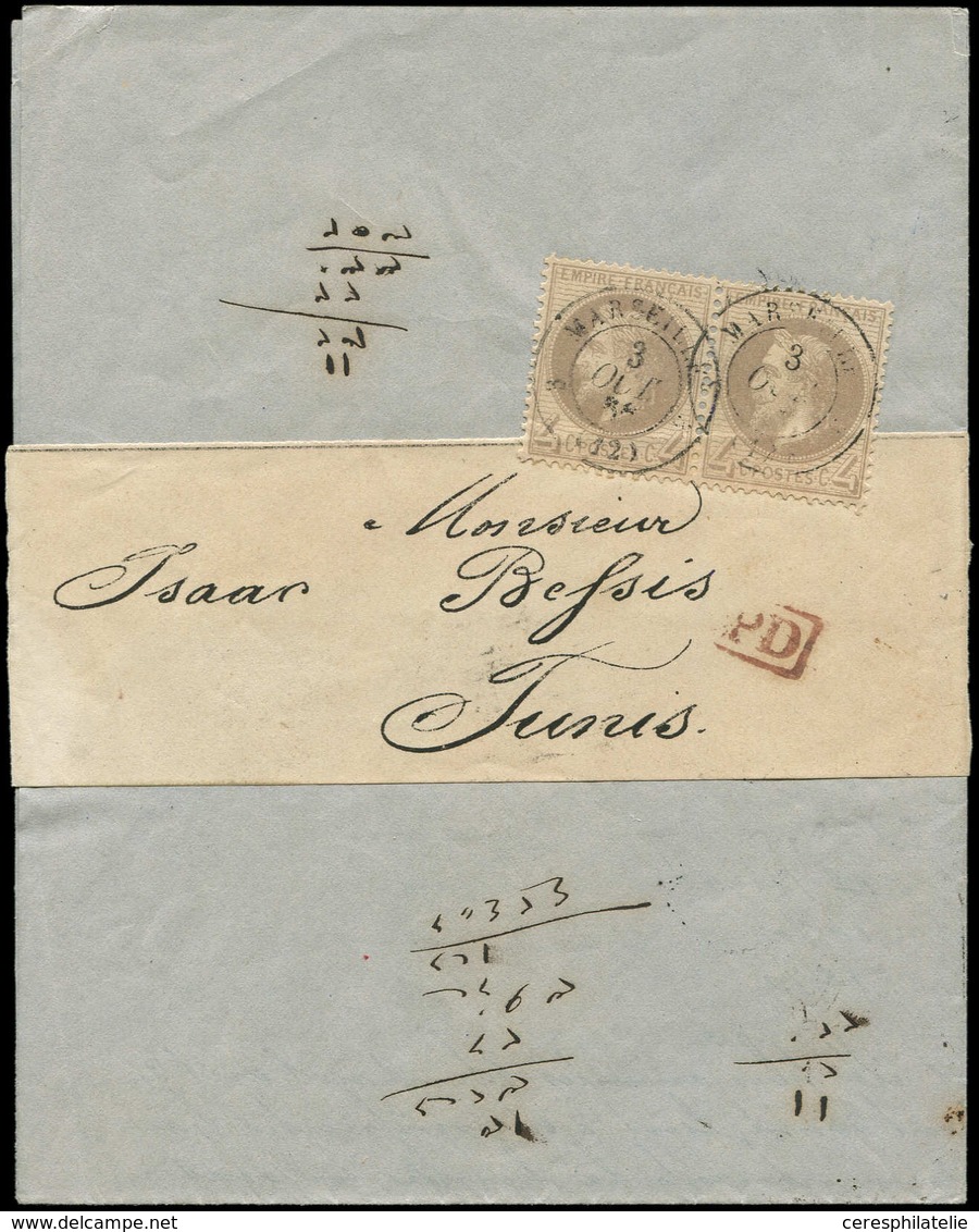 Let EMPIRE LAURE - 27A   4c. Gris, T I, PAIRE Obl. Càd 3 MARSEILLE 3 3/10/- S. Bande Avec Imprimé Pour TUNIS, TB - 1863-1870 Napoléon III Lauré