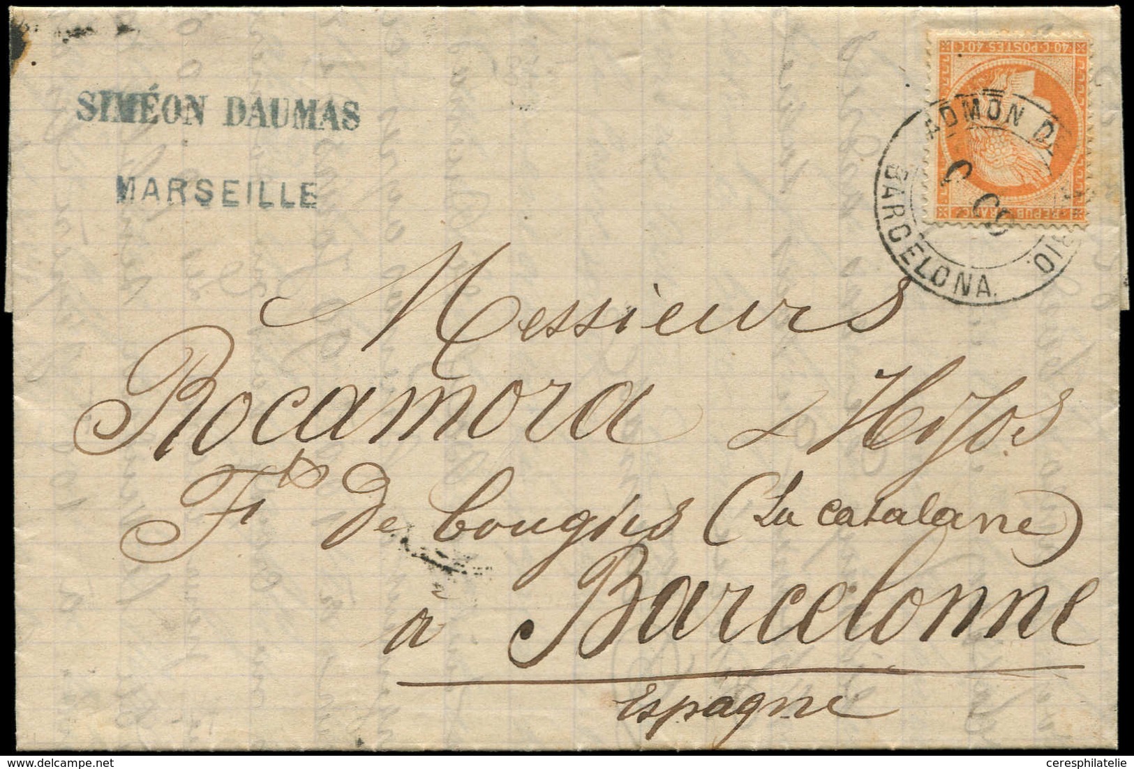 Let SIEGE DE PARIS - 38   40c. Orange, Obl. Cachet ADMON DE CAMBIO/BARCELONA S. LAC De Marseille Du 9/6/75, TB - 1870 Assedio Di Parigi