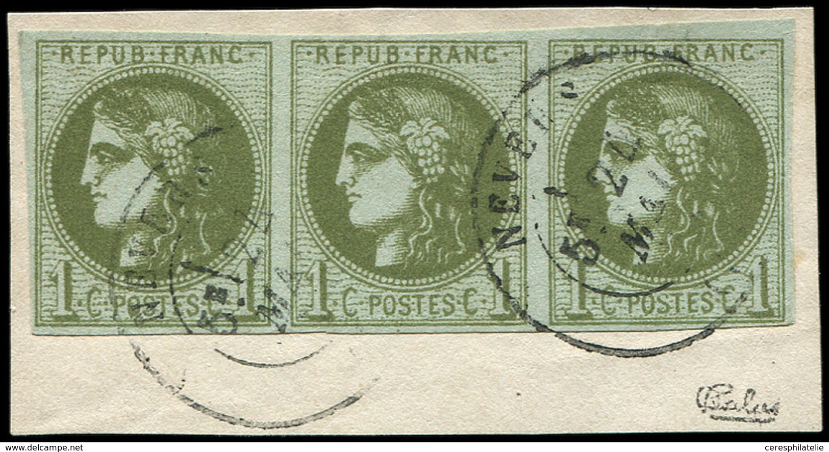 EMISSION DE BORDEAUX - 39C   1c. Olive, R III, BANDE De 3 Obl. Càd T17 NEVERS Obl. S. Fragt, TB - 1870 Ausgabe Bordeaux