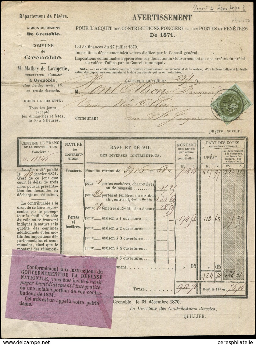 Let EMISSION DE BORDEAUX - 39B   1c. Olive Obl. Càd T17 GRENOBLE 19/1/71 S. Avertissement Pour L'Acquit Des Contribution - 1870 Emission De Bordeaux