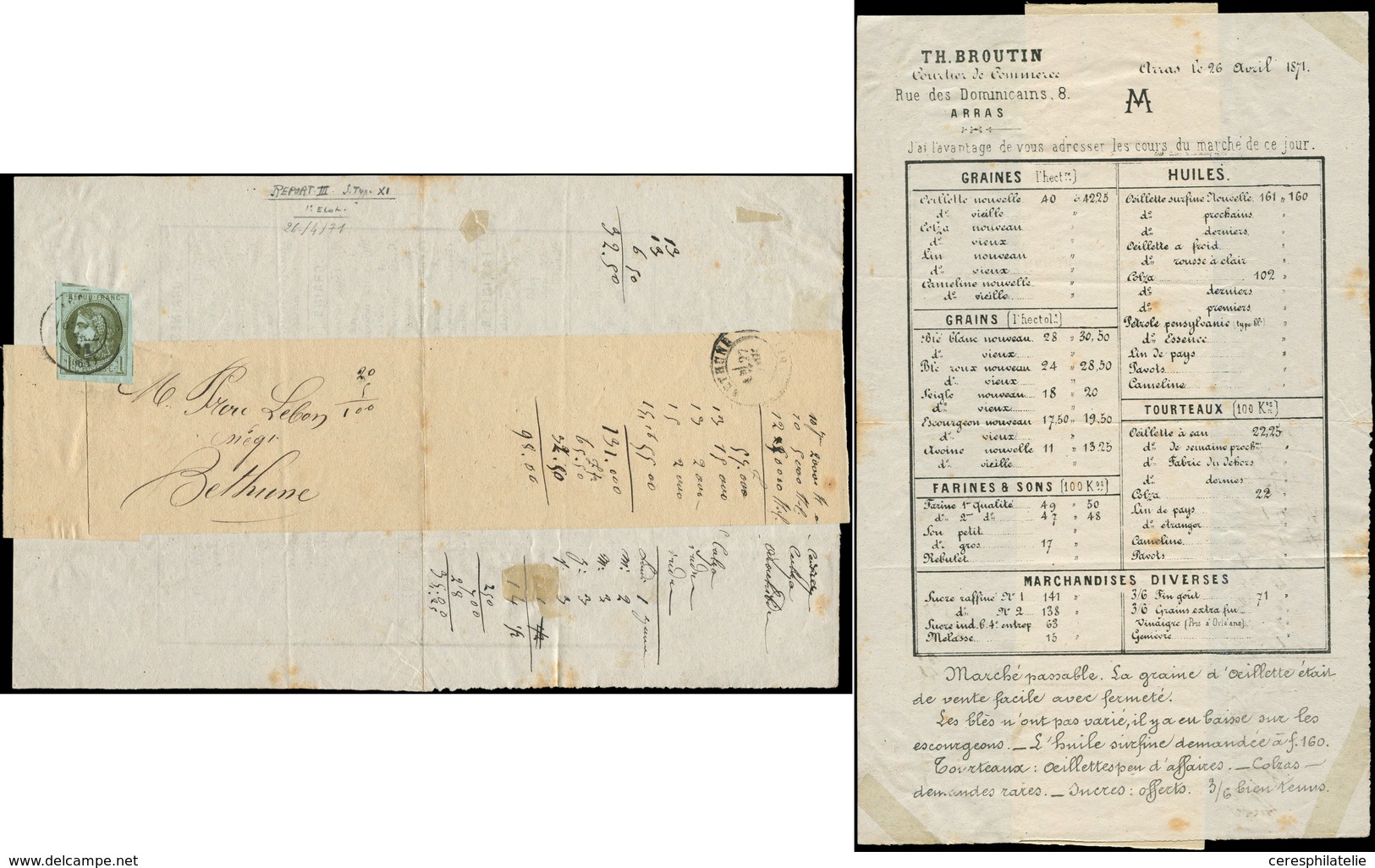 Let EMISSION DE BORDEAUX - 39C   1c. Olive, R III, Pos. 11, Obl. Càd T17 ARRAS 4/71 S. Facture Sous Bande, Arr. BETHUNE, - 1870 Emission De Bordeaux