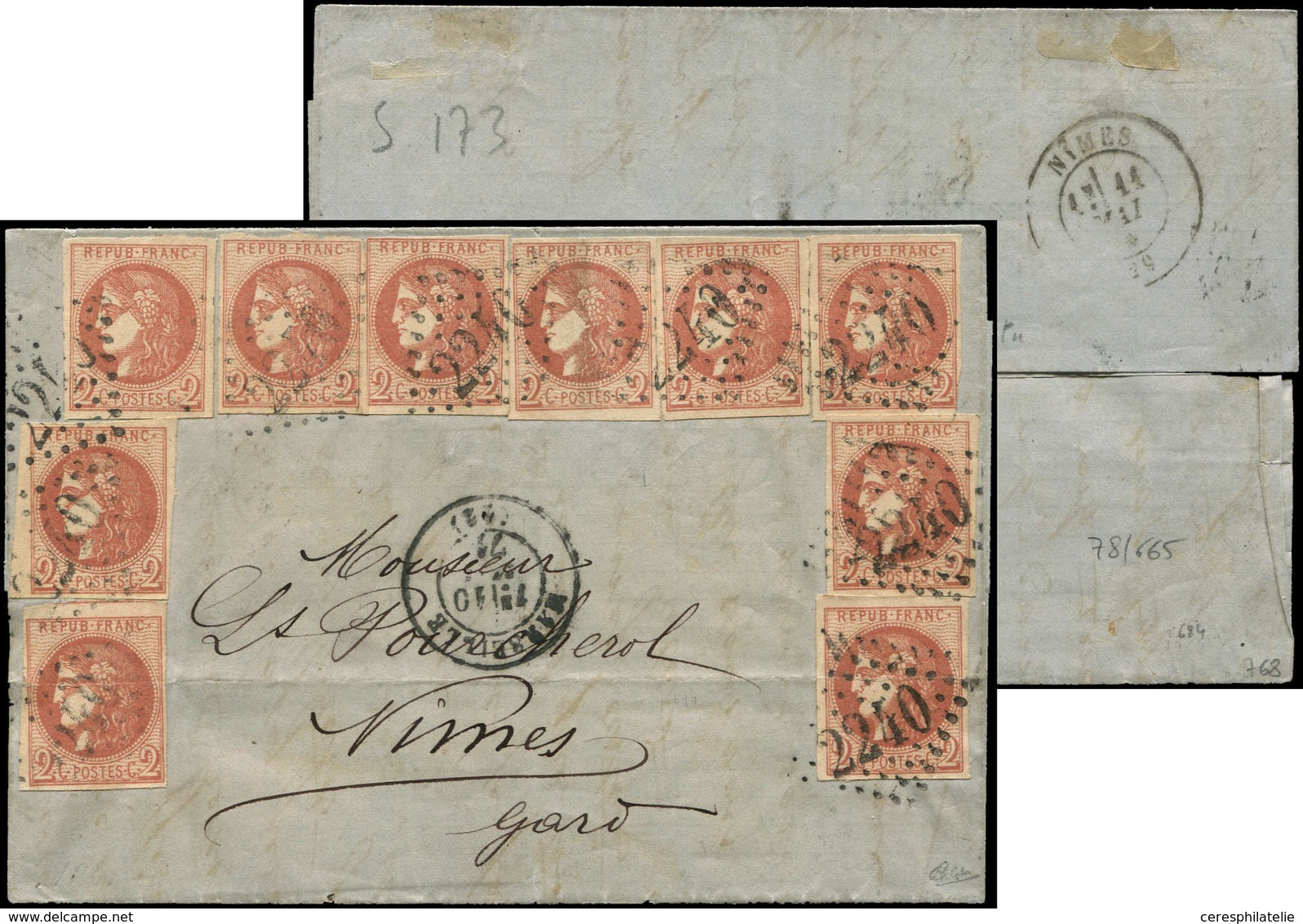 Let EMISSION DE BORDEAUX - 40B   2c. Brun-rouge, 10 Ex. Obl. GC 2240 S. LAC, Càd T17 MARSEILLE 10/5/71, Pli D'archive S. - 1870 Ausgabe Bordeaux