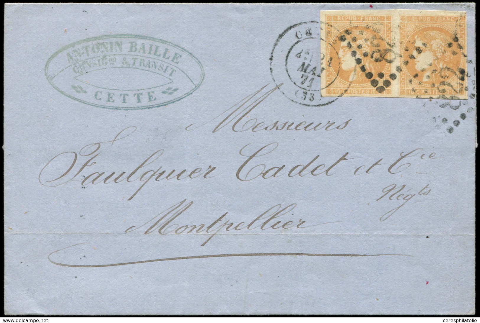 Let EMISSION DE BORDEAUX - 43Ba 10c. Bistre-orangé, R II, PAIRE Obl. GC 822 S. LSC, Càd T17 CETTE 21/5/71, TB - 1870 Ausgabe Bordeaux