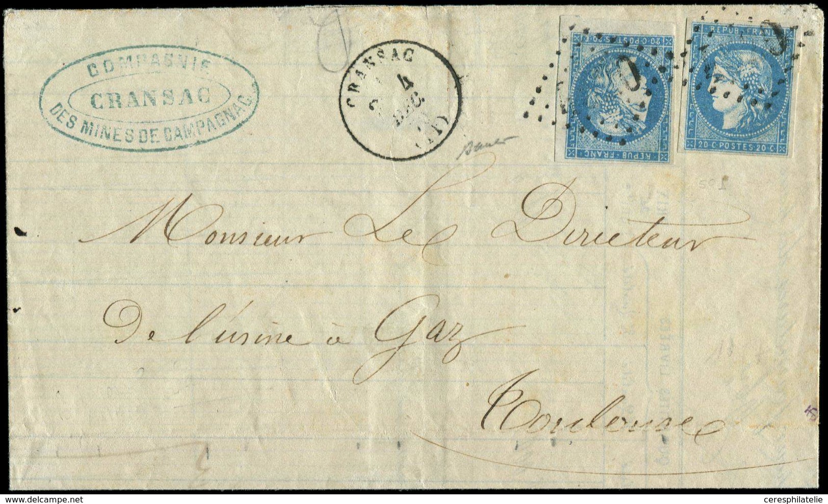 Let EMISSION DE BORDEAUX - 44B  20c. Bleu, T I R II, 2 Ex. (inf. Froiss. S. L'un), Obl. GC 4520 S. LAC, Càd T16 CRANSAC  - 1870 Emissione Di Bordeaux