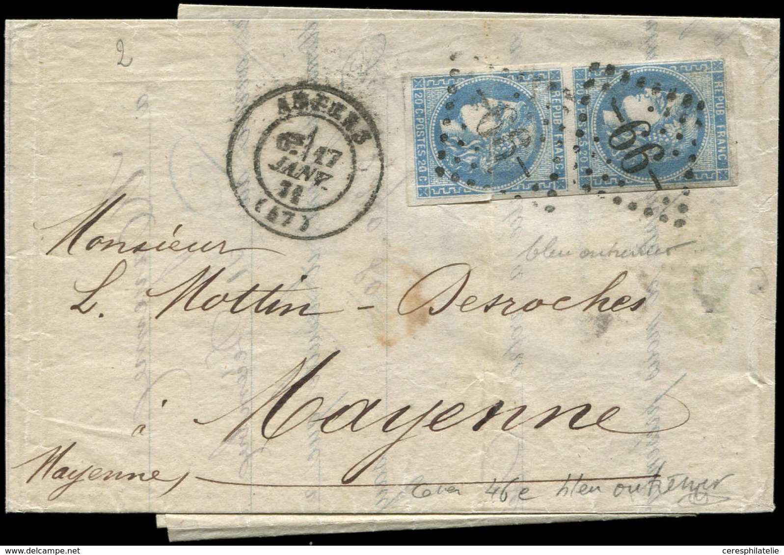 Let EMISSION DE BORDEAUX - 46Ad 20c. Bleu-OUTREMER, T III, R I, PAIRE Défse Obl. GC 99 S. LAC, Càd T17 ANGERS 17/1/71, B - 1870 Emissione Di Bordeaux