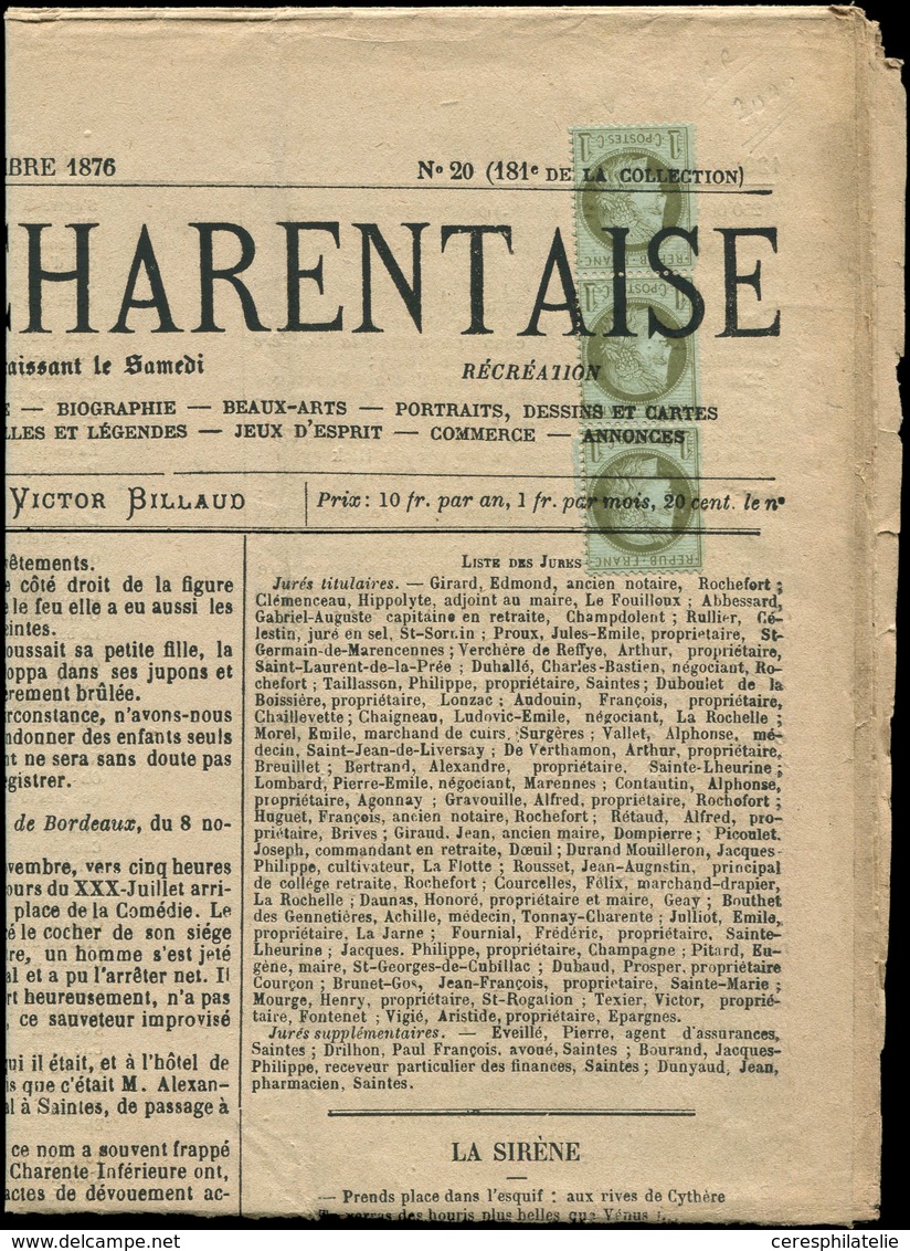 Let CERES DENTELE - 50    1c. Vert-olive, BANDE De 3, Obl. TYPO S. CHRONIQUE CHARENTAISE Du 11/11/76, Superbe - 1871-1875 Ceres