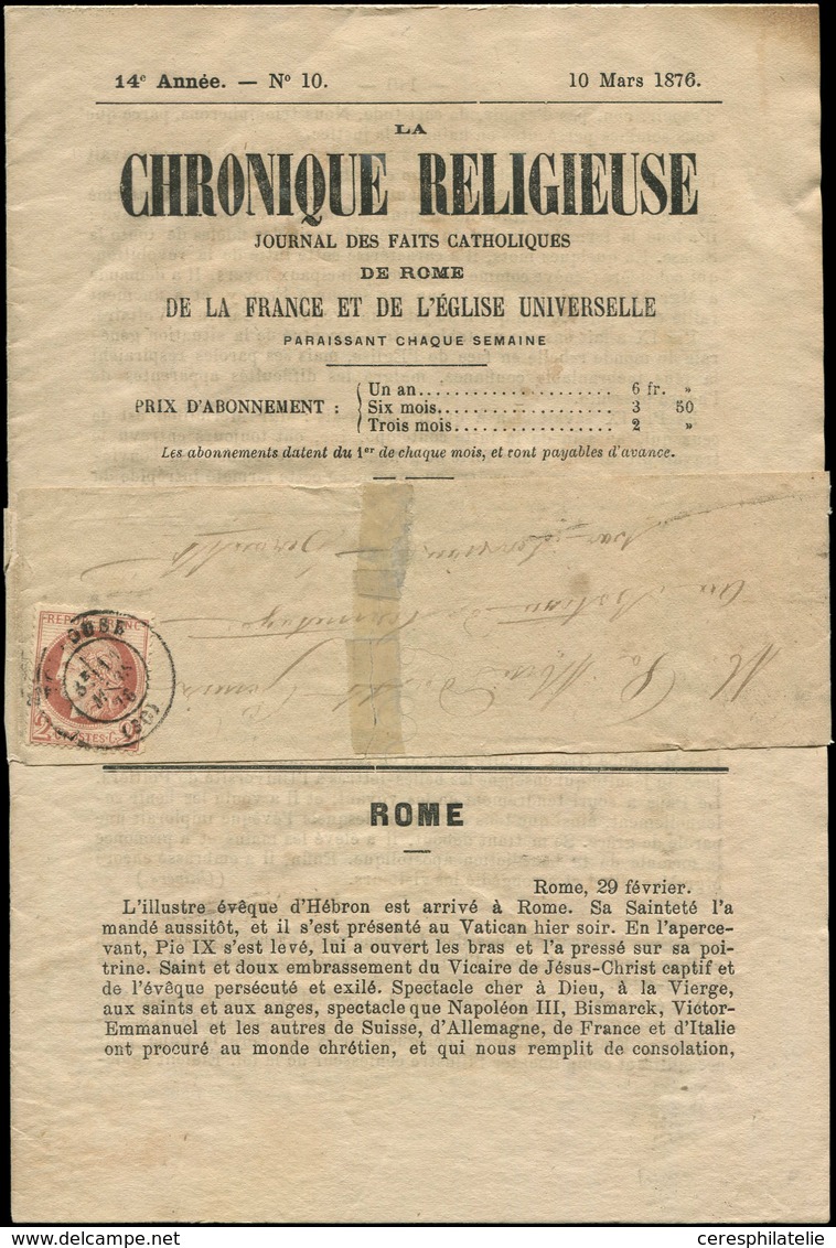 Let CERES DENTELE - 51    2c. Rouge-brun, Obl. Càd T17 TOULOUSE 11/3/76 Sur Bande Avec Journal LA CHRONIQUE RELIGIEUSE,  - 1871-1875 Cérès