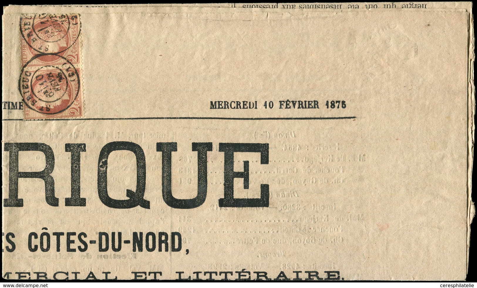 Let CERES DENTELE - 51    2c. Rouge-brun, PAIRE Obl. Càd T17 ST BRIEUC 10/2/76 Sur Journal "L'ARMORIQUE", TB - 1871-1875 Cérès