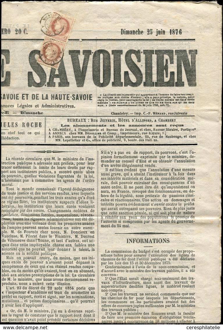 Let CERES DENTELE - 51    2c. Rouge-brun, PAIRE Obl. Càd Amb. MONTCENIS A MACON 24/6/76 Sur Journal "LE PATRIOTE SAVOISI - 1871-1875 Ceres