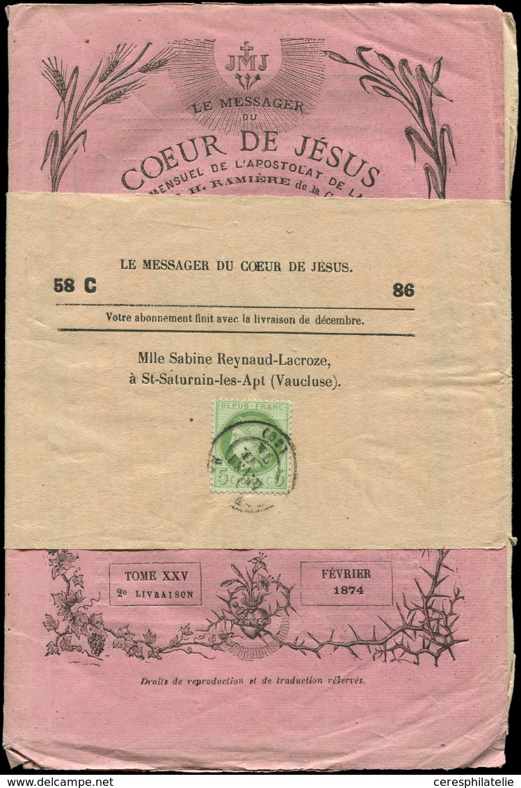 Let CERES DENTELE - 53    5c. Vert-jaune Sur Azuré, Obl. Càd T17 TOULOUSE 31/1/74 Sur Bande Avec Journal "LE MESSAGER DU - 1871-1875 Ceres