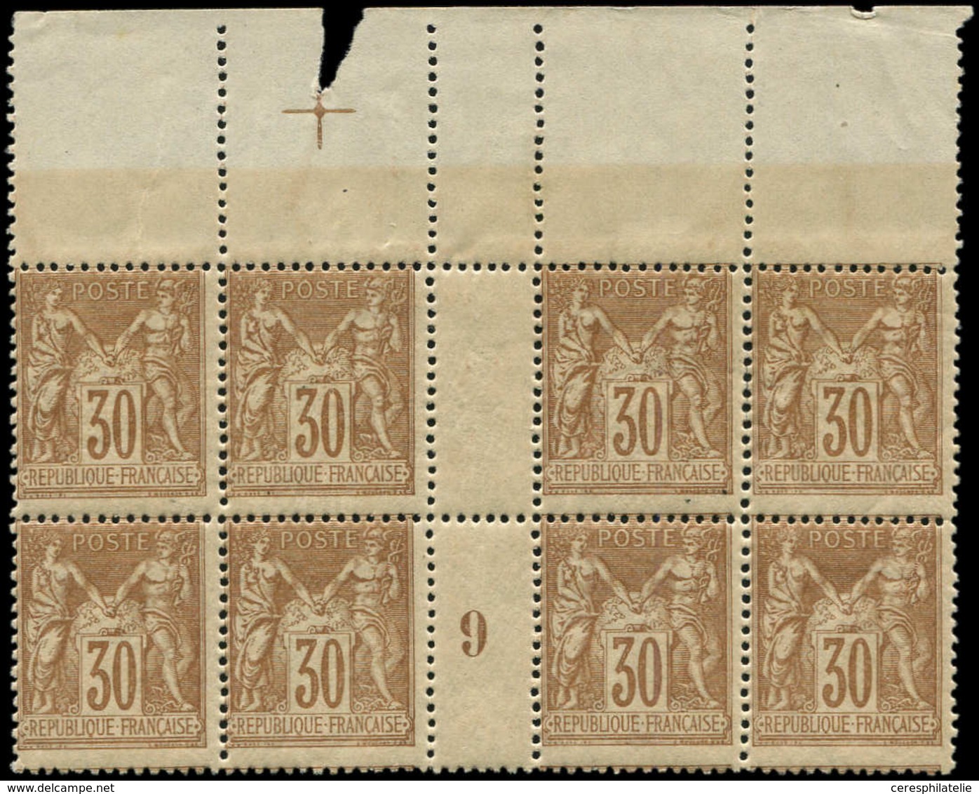 * TYPE SAGE - 80   30c. Brun-jaune, BLOC De 8 Haut De Feuille Mill.9, La Bande De 4 Sup. Est *, TB - 1876-1878 Sage (Type I)