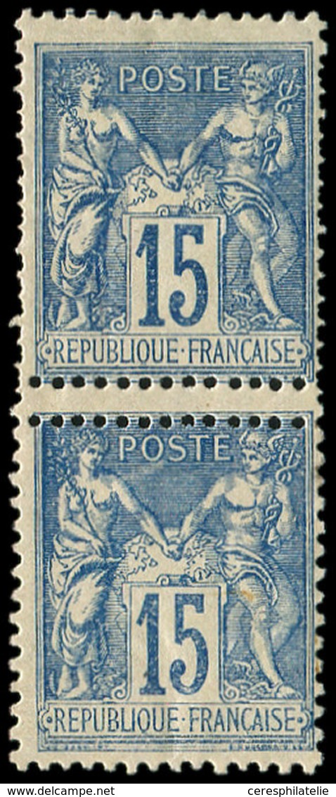 * TYPE SAGE - 90   15c. Bleu, PAIRE Verticale, DOUBLE PIQUAGE Central, Un Ex. **, TB - 1876-1878 Sage (Type I)