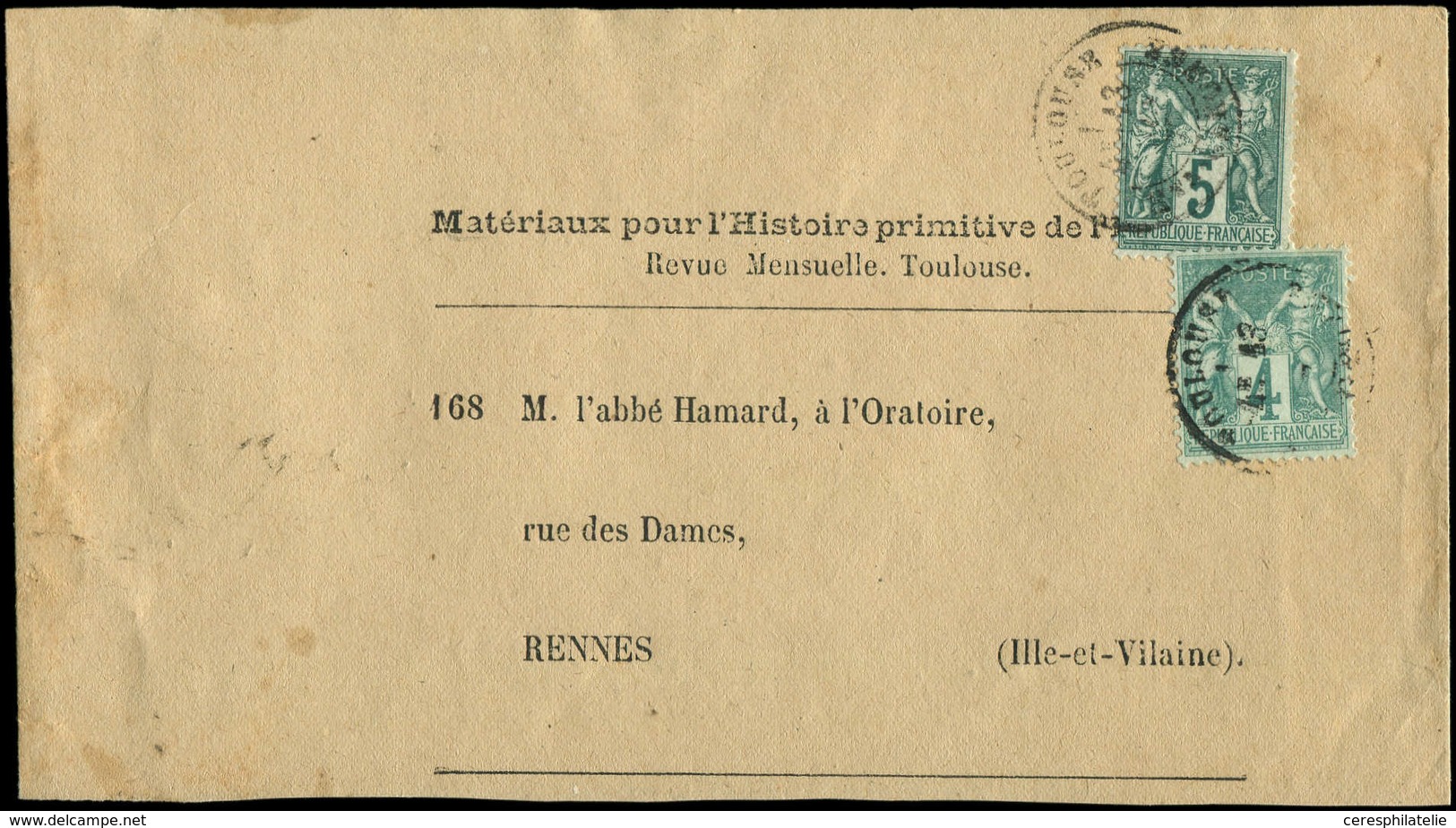 Let TYPE SAGE SUR LETTRES - N°63 Et 75 Obl. TOULOUSE 13/6/77 Sur Bande "Matériaux Pour L'Histoire Primitive De L'Homme", - 1877-1920: Période Semi Moderne