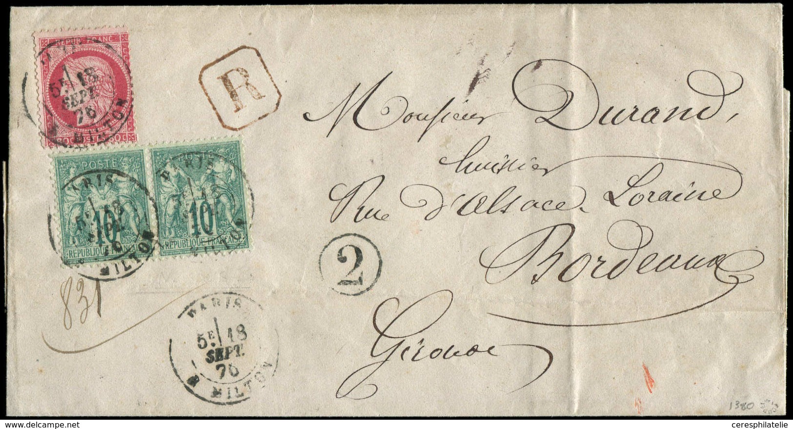 Let TYPE SAGE SUR LETTRES - N°76 PAIRE Et 57 Obl. PARIS 18/9/76 Sur Env. Rec., Cachet 2 Dans Un Cercle, TTB - 1877-1920: Période Semi Moderne