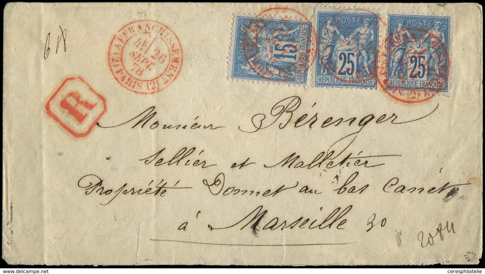 Let TYPE SAGE SUR LETTRES - N°79 (3) Obl. Càd Rouge AFFRANCHISSEMENT (2) PARIS (2) 26/9/78 Sur Env. Rec., TTB - 1877-1920: Periodo Semi Moderno