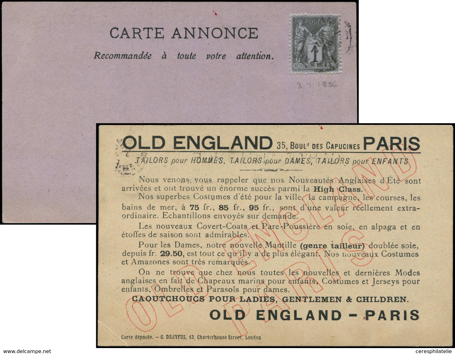 Let TYPE SAGE SUR LETTRES - N°83 Obl. Càd IMPRIMES/PARIS 3/7/96 S. Carte Annonce OLD ENGLAND, TB - 1877-1920: Semi-Moderne