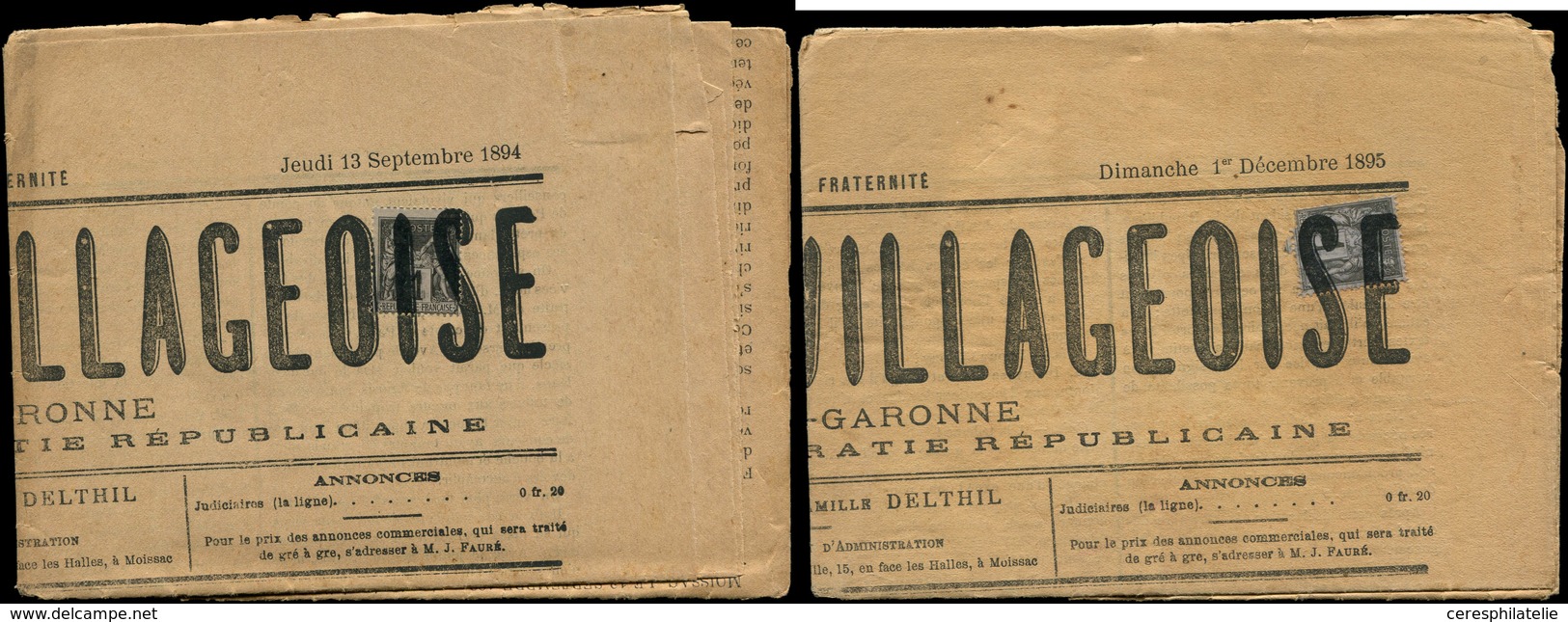 Let TYPE SAGE SUR LETTRES - N°83 Obl. TYPO S. 2 Journaux Entiers LA FEUILLE VILLAGEOISE De T Et G Du 13/9/94 Et 1/12/95, - 1877-1920: Période Semi Moderne