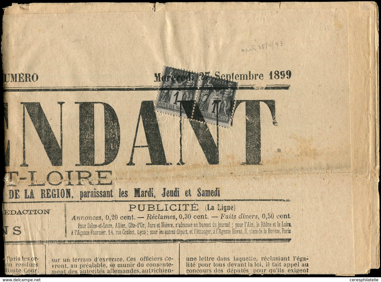 Let TYPE SAGE SUR LETTRES - N°83 PAIRE Obl. TYPO S. Journal L'INDEPENDANT Du 27/9/99, R Et TB, Cote 2250 - 1877-1920: Période Semi Moderne