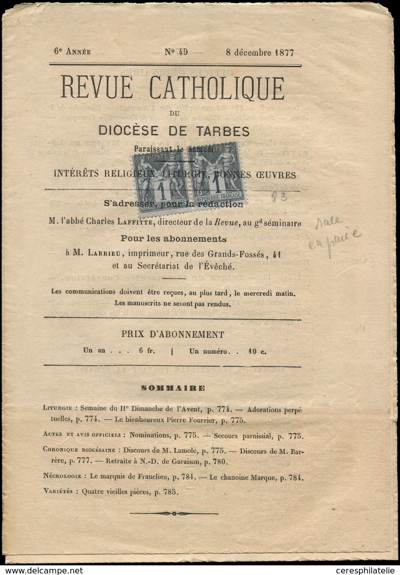 Let TYPE SAGE SUR LETTRES - N°83 PAIRE Obl. TYPO Sur "REVUE CATHOLIQUE" Du Diocèse De Tarbes Du 8/12/77, TB - 1877-1920: Période Semi Moderne